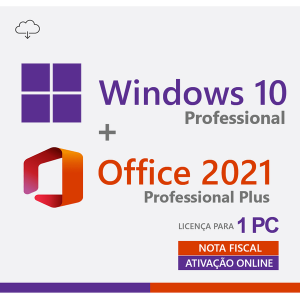 Windows 10 Pro + Office 2021 Pro, Chave de Licença Vitalícia